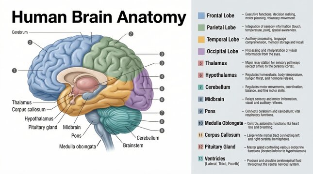 Detailed Illustration of Human Brain Anatomy with Labeled Lobes and Structures for Educational Use