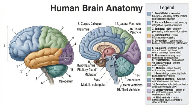 Detailed Illustration of Human Brain Anatomy with Labelled Regions and Structures for Educational Use