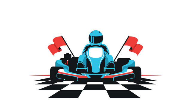 Go-kart racing illustration featuring a driver in a blue kart wearing a helmet and racing across a checkered finish line with red flags.