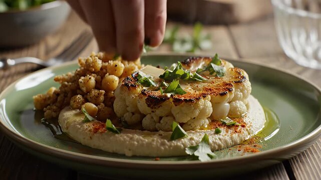 Roasted Cauliflower Steak with Hummus and Chickpeas - A person sprinkles fresh herbs over a roasted cauliflower steak served on a green plate with a bed of creamy hummus and a side of crispy