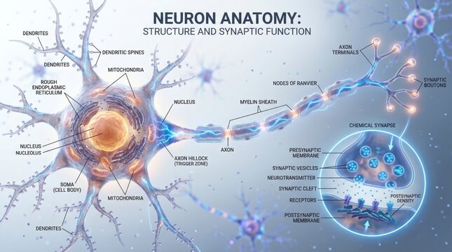 Detailed Diagram of Neuron Anatomy with Synaptic Function and Structure Illustration