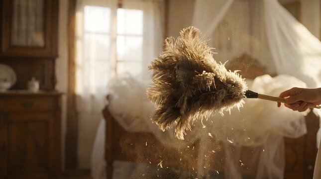 Hand dusting with feather duster in sunlit bedroom, dust particles in air