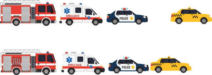 Emergency service vehicles set including fire truck, ambulance, police car and taxi, city transport rescue fleet illustration, public safety transport vector collection © MostArjuma
