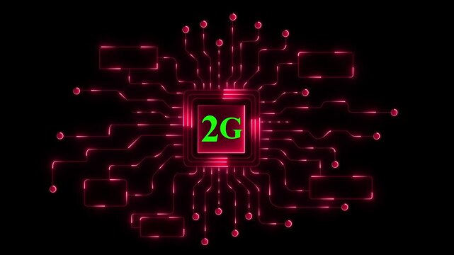 Glowing green circuit board network with central 2G processor glowin