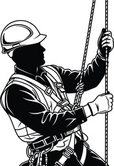 Industrial rope access worker wearing safety harness and helmet climbing rope, construction safety technician illustration, professional height work equipment concept vector
