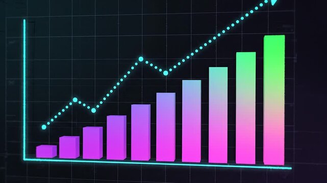 A modern digital statistics graph with gradient bars increasing in height while a dotted line chart fluctuates and climbs upward across a dark grid
