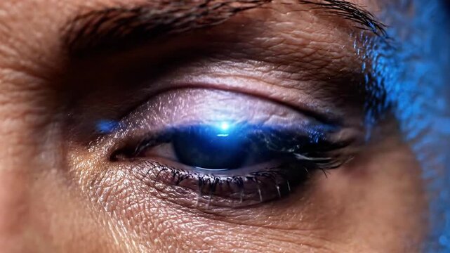 A close-up of a human eye with striking blue iris and detailed eyelashes