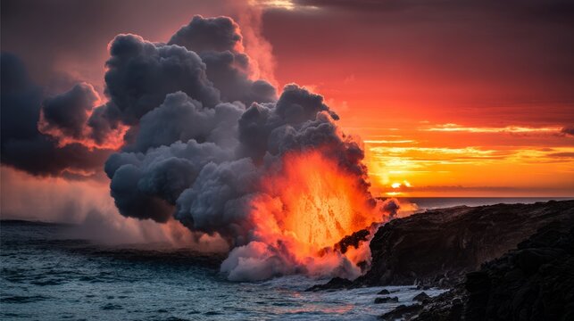 meson. Lava meeting ocean, forming black volcanic rock with rising steam at sunset. inspiring travel planning, travel magazines, designed for travel destination branding, used by nutritionists.

