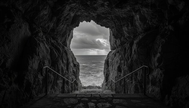 Stone stairs inside cave overlooking stormy sea