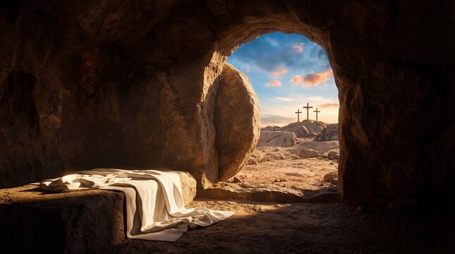 A beautiful image of a stone tomb. The image captures the serenity and beauty of the scene. Holy Week and resurrection