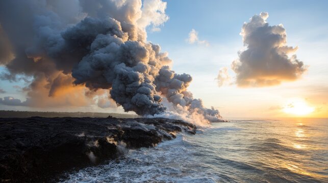 meson. Lava meeting ocean, forming black volcanic rock with rising steam at sunset. inspiring travel planning, travel magazines, designed for travel destination branding, used by nutritionists.
