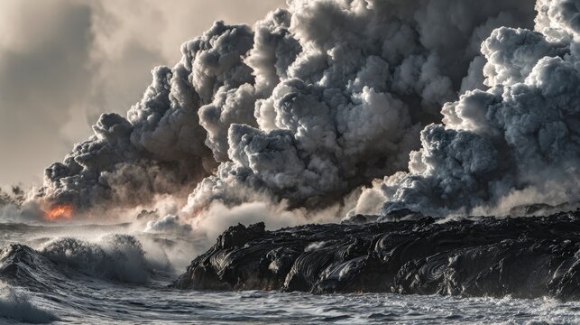 meson. Lava meeting ocean, forming black volcanic rock with rising steam at sunset. inspiring travel planning, travel magazines, designed for travel destination branding, used by nutritionists.
