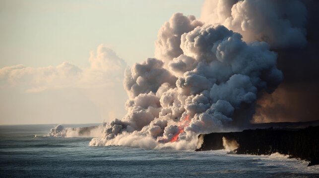 meson. Lava meeting ocean, forming black volcanic rock with rising steam at sunset. inspiring travel planning, travel magazines, designed for travel destination branding, used by nutritionists.

