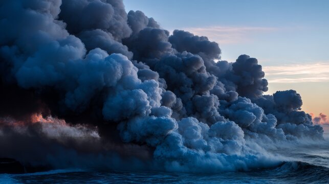 meson. Lava meeting ocean, forming black volcanic rock with rising steam at sunset. inspiring travel planning, travel magazines, designed for travel destination branding, used by nutritionists.
