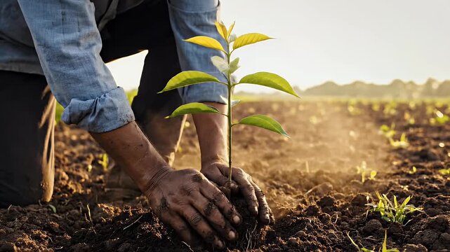 Hands planting a small tree sapling in rich soil under warm sunlight