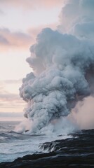 Fototapeta premium meson. Lava meeting ocean, forming black volcanic rock with rising steam at sunset. inspiring travel planning, travel magazines, designed for travel destination branding, used by nutritionists. 