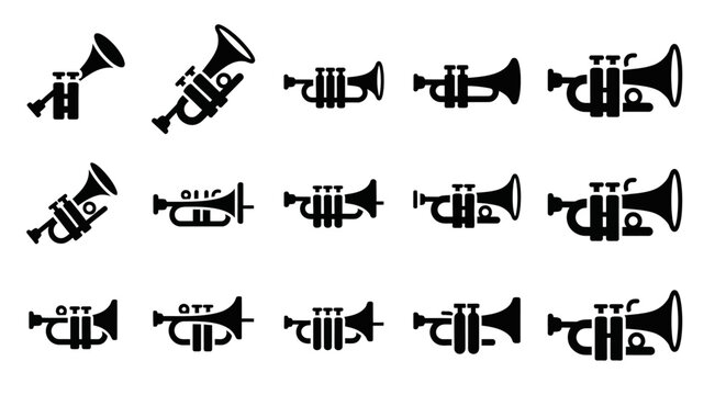 A collection of black trumpet silhouette icons, showcasing various angles and styles of the brass instrument