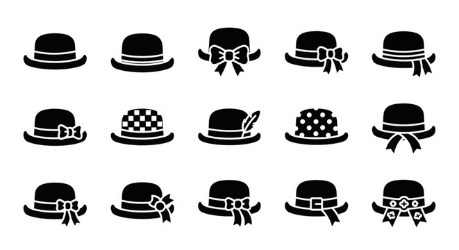 Collection of various bowler hat designs with decorative elements, including ribbons and patterns, presented as simple icons