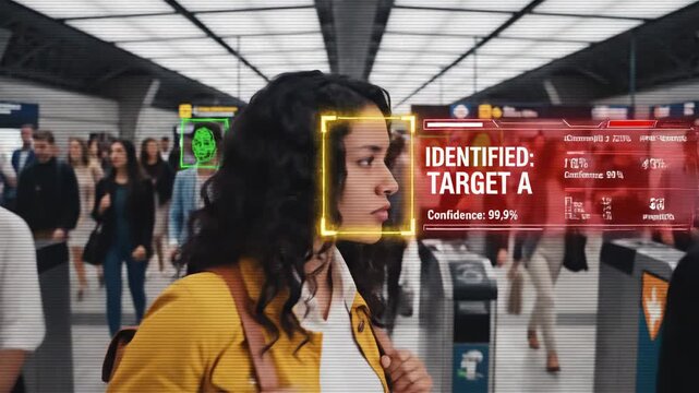 Facial recognition technology identifies woman at train station.