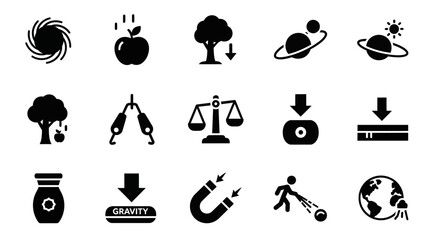 Obraz premium Set of icons related to gravity, physics, and science concepts, including planets, apples, magnets, and scales