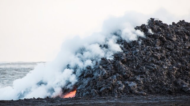meson. Lava meeting ocean, forming black volcanic rock with rising steam at sunset. inspiring travel planning, travel magazines, designed for travel destination branding, used by nutritionists.
