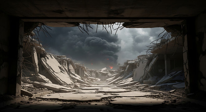 Dramatic view of a desolate, war-torn landscape with ruins and smoke