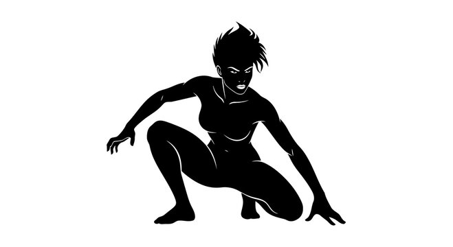 A black silhouette of a person crouching in a dynamic pose on a white background.