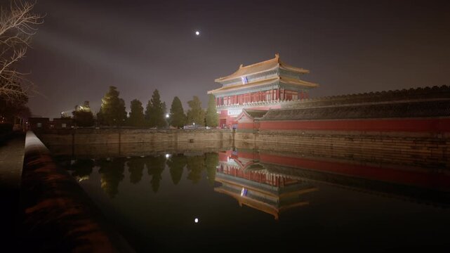 Night View of Shenwu Gate and Moat with Reflections, Forbidden City at Chinese New Year, Beijing