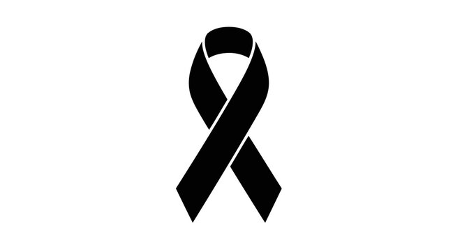 A black ribbon symbolizing mourning and remembrance on a white background.