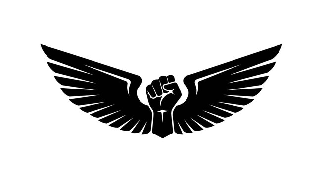A black logo featuring a fist with wings symbolizing freedom and strength.