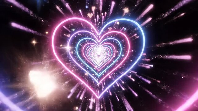 Neon Hearts Tunnel with Star Bursts - A tunnel of nested neon hearts glows in pink and blue, surrounded by animated starbursts.