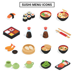 Isometric Sushi Menu Icons Collection Featuring Various Japanese Food Dishes on White Background Vector Illustration