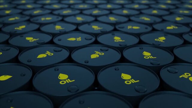 4K 3D Animation Pan Over Black Oil or Petroleum Barrels, Seamless Loop of Crude Oil and Gasoline Containers for Fuel Industry.