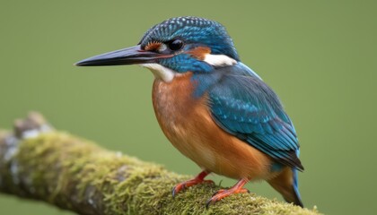 Obraz premium Colorful kingfisher resting on a mossy branch