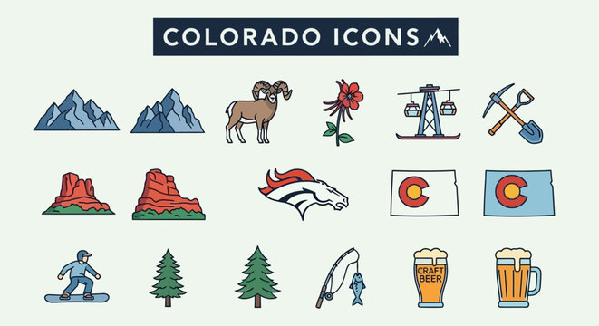 A diverse and engaging collection of illustrated travel and outdoor activity icons representing the natural beauty and unique lifestyle of Colorado