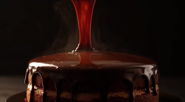 Hot Melted Chocolate Sauce Pouring Dripping on Dark Chocolate Cake Steaming Dessert Close Up 4K HD Ultra Video