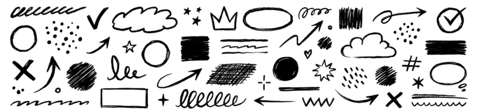 Hand drawn crayon line, arrow, circle chalk texture shape set. Doodle hand drawn scribble chalk brush stroke arrow, underline, dot elements. Black check, cross grunge mark. Vector illustration