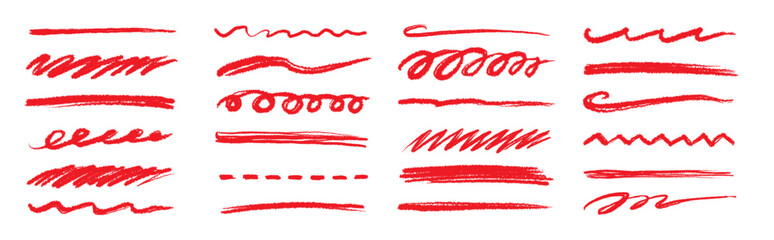 Line pencil red brush set. Line red underline brush pencil pen hand drawn stroke marker highlight.. Doodle scribble ink sketch strike through note sign texture grunge. Vector illustration © Polina Tomtosova