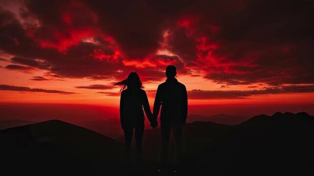 Young Couple Holding Hands at Sunset on Mountain Peak, Romantic Red Sky Silhouette