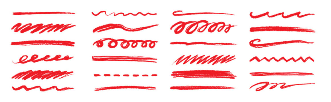 Line pencil red brush set. Line red underline brush pencil pen hand drawn stroke marker highlight.. Doodle scribble ink sketch strike through note sign texture grunge. Vector illustration