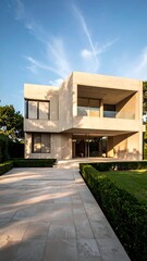 A modern two-story house with a flat roof and a well-manicured lawn (1)