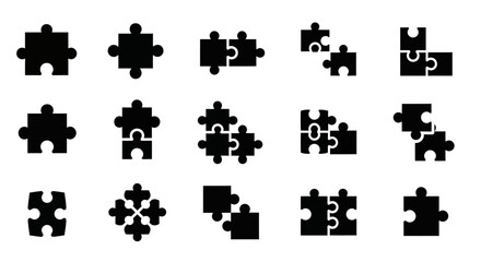 Naklejka premium Collection of puzzle piece icons representing strategy, connection, and problem-solving in a simple, graphic style