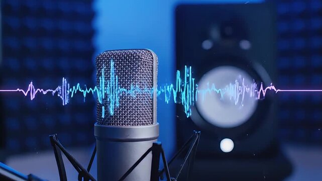 Close-up of a studio microphone capturing sound waves in a professional recording environment