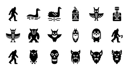 Obraz premium Collection of black silhouettes featuring various animal and monster designs on a plain white background
