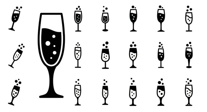 Collection of champagne flutes and glasses illustrations in various styles and states of celebration