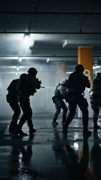 Tactical SWAT Team Conducting Counterterrorism Raid in Dark Underground Parking Garage