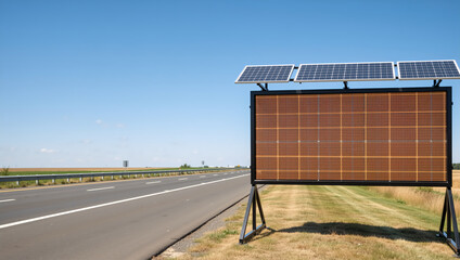 Fototapeta premium Digital LED road sign with solar panels on a highway. Blank electronic message board for traffic information. Copy space for text