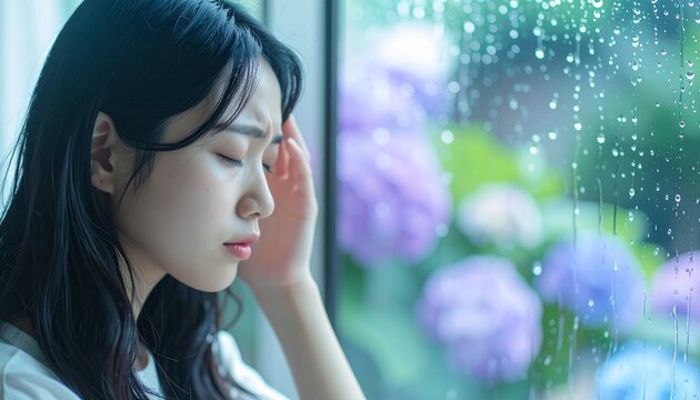 雨の日に頭痛や気象病に悩む日本人女性（あじさいとコピースペース）