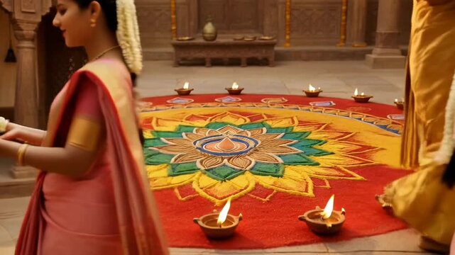 Traditional Women Celebrating Akshaya Tritiya with Rituals  Offerings  and Festive Atmosphere in an Indian Temple