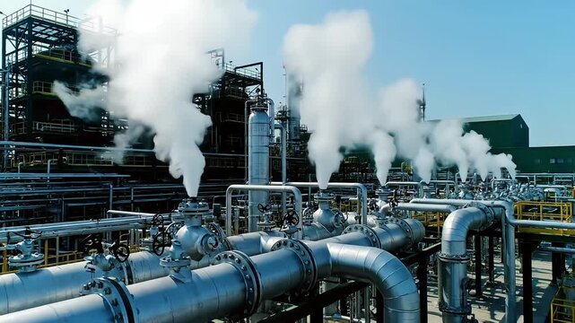Industrial oil refinery complex with steam emission and pipelines vector illustration flat design